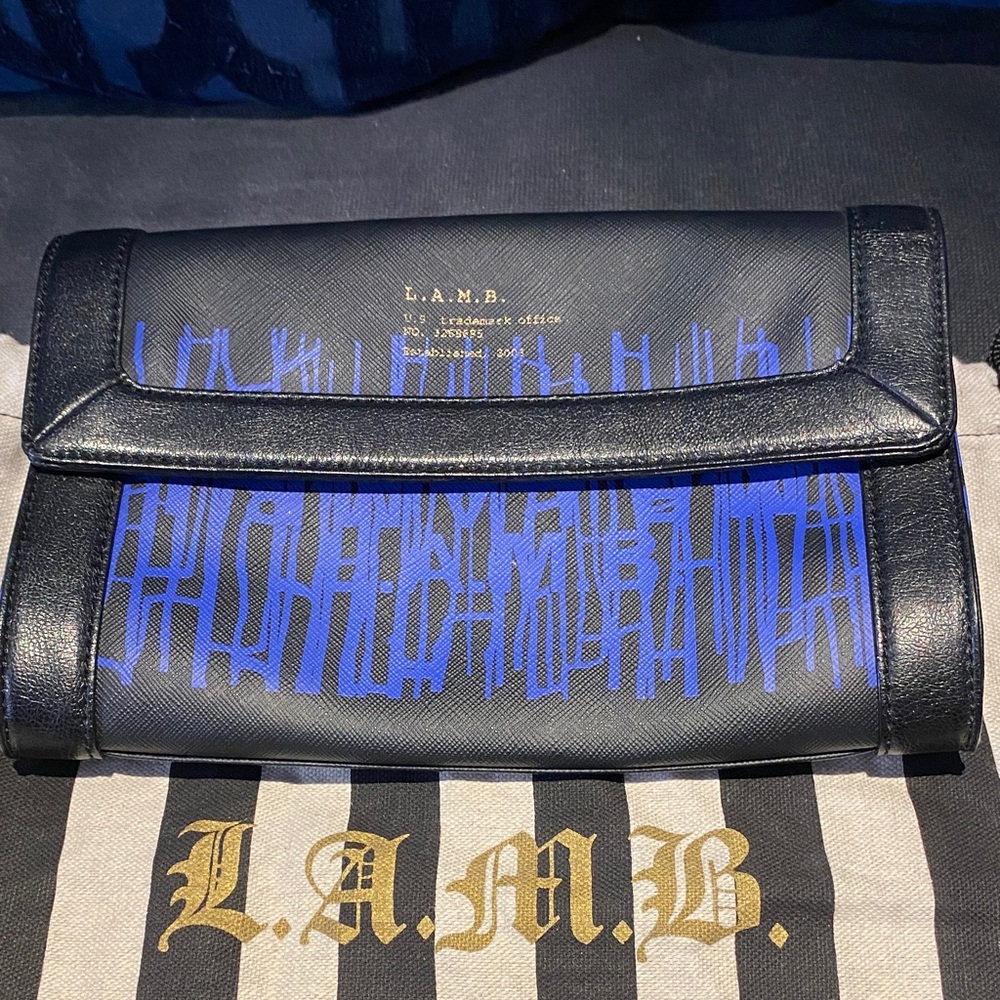 L.A.M.B. Black Clutch with Blue Logo Accents